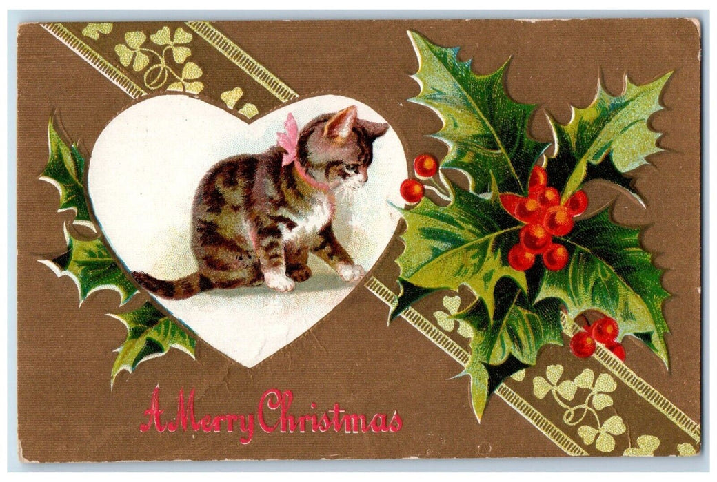 c1910's Christmas Heart Tiger Cat Kitten Holly Berries Embossed Antique Postcard