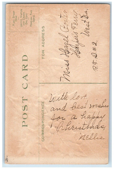 c1910's Christmas Heart Tiger Cat Kitten Holly Berries Embossed Antique Postcard