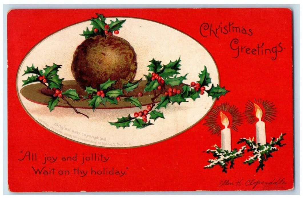 1908 Christmas Greetings Pudding Candles Holly Ellen Clapsaddle Antique Postcard