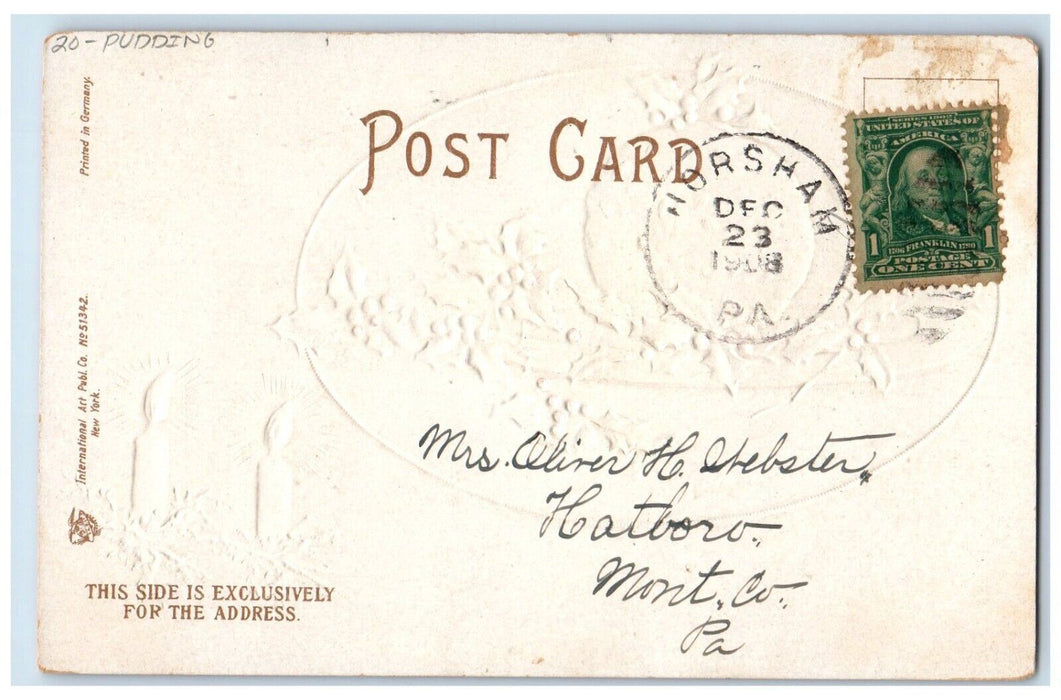 1908 Christmas Greetings Pudding Candles Holly Ellen Clapsaddle Antique Postcard