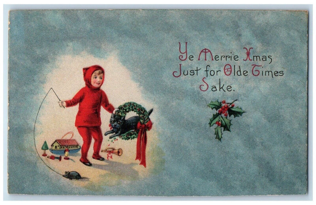 c1910's Christmas Boy Playing With Cat Tricks Jumping Whreat Mouse Toys Postcard