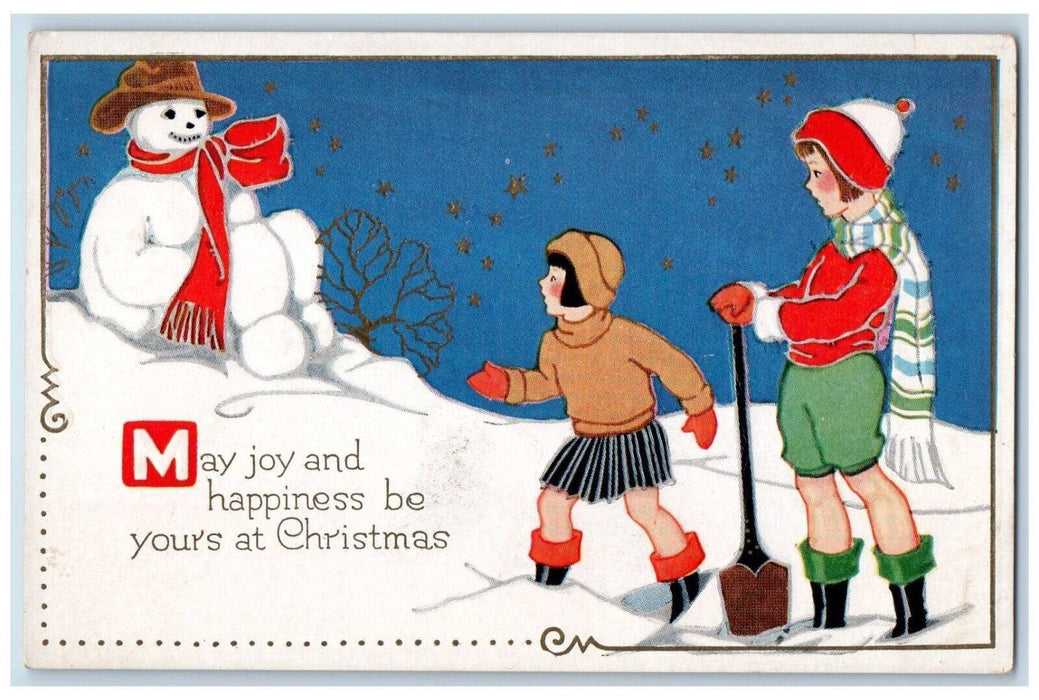 c1910's Christmas Girls Shovel Snowman Winter Snow Embossed Antique Postcard