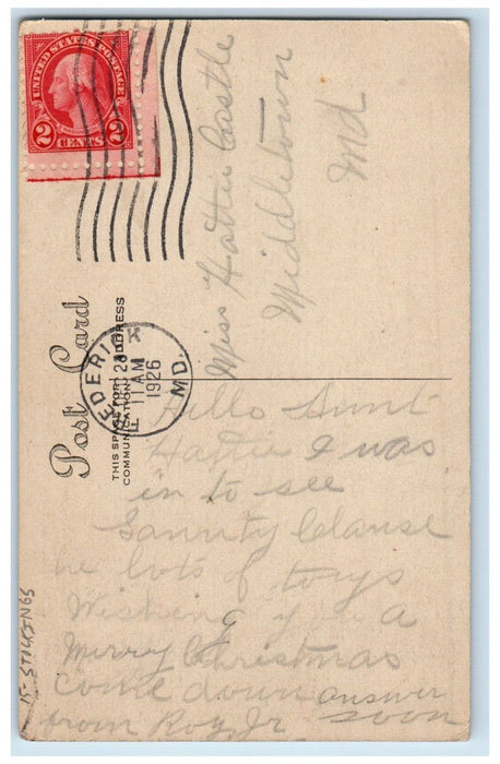 1926 Christmas Quotes Fireplace Hanging Stockings Whreat Frederick MD Postcard