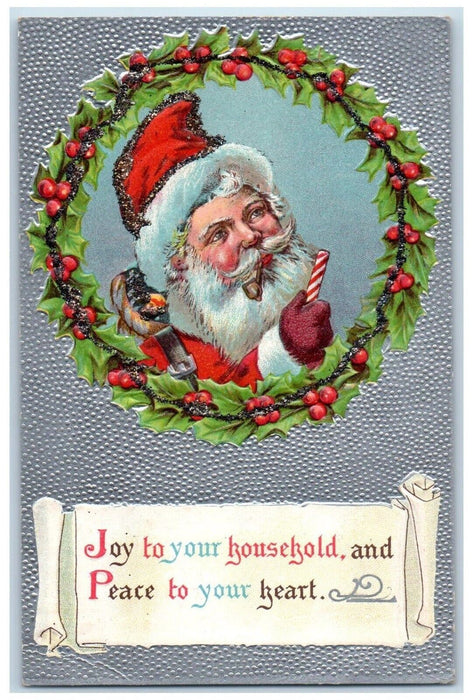 c1910's Christmas Santa Claus Pipe Whreat Glitter Embossed Antique Postcard