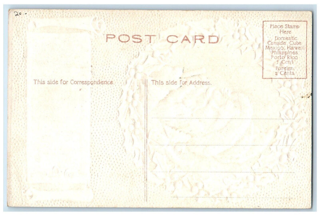 c1910's Christmas Santa Claus Pipe Whreat Glitter Embossed Antique Postcard