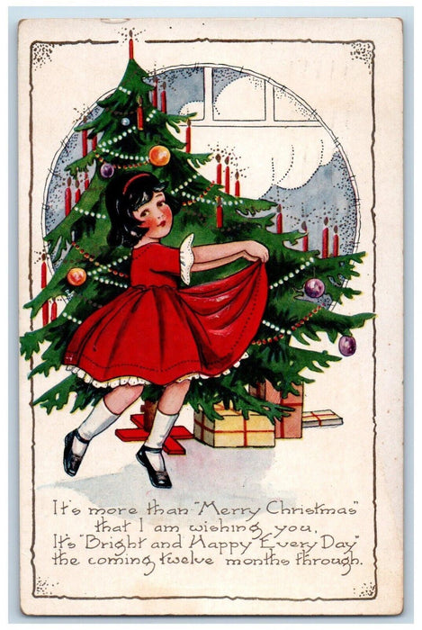 1922 Christmas Tree And Gifts Decorated Girl Dress Red Embossed Antique Postcard