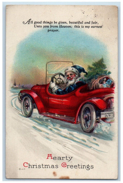 Christmas Greetings Santa Claus Blue Robe Driving Car Sack Of Toys Seal Postcard