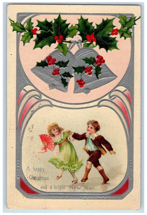 1908 Christmas And New Year Holly Bells Boy Girl Fan Embossed Antique Postcard