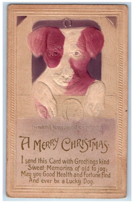 c1910's Christmas Greetings Dog Horseshoe Airbrushed Embossed Antique Postcard