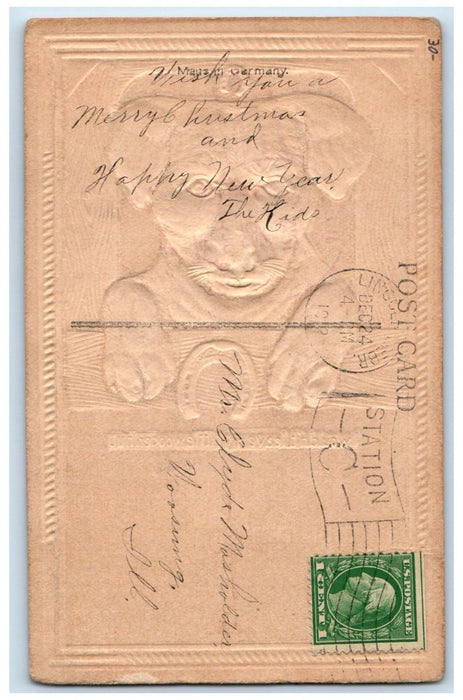 c1910's Christmas Greetings Dog Horseshoe Airbrushed Embossed Antique Postcard