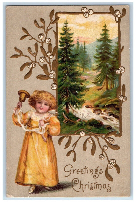 c1910's Christmas Greetings Girl Ringing Bell Pine Tree Winter Embossed Postcard