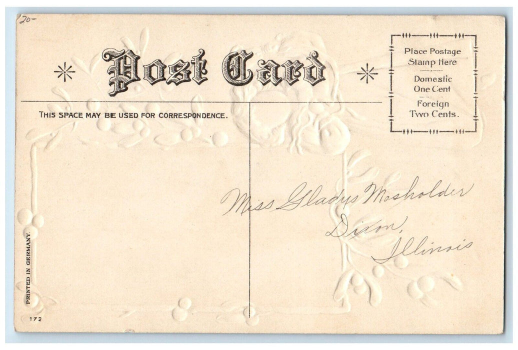 c1910's Christmas Greetings Girl Ringing Bell Pine Tree Winter Embossed Postcard