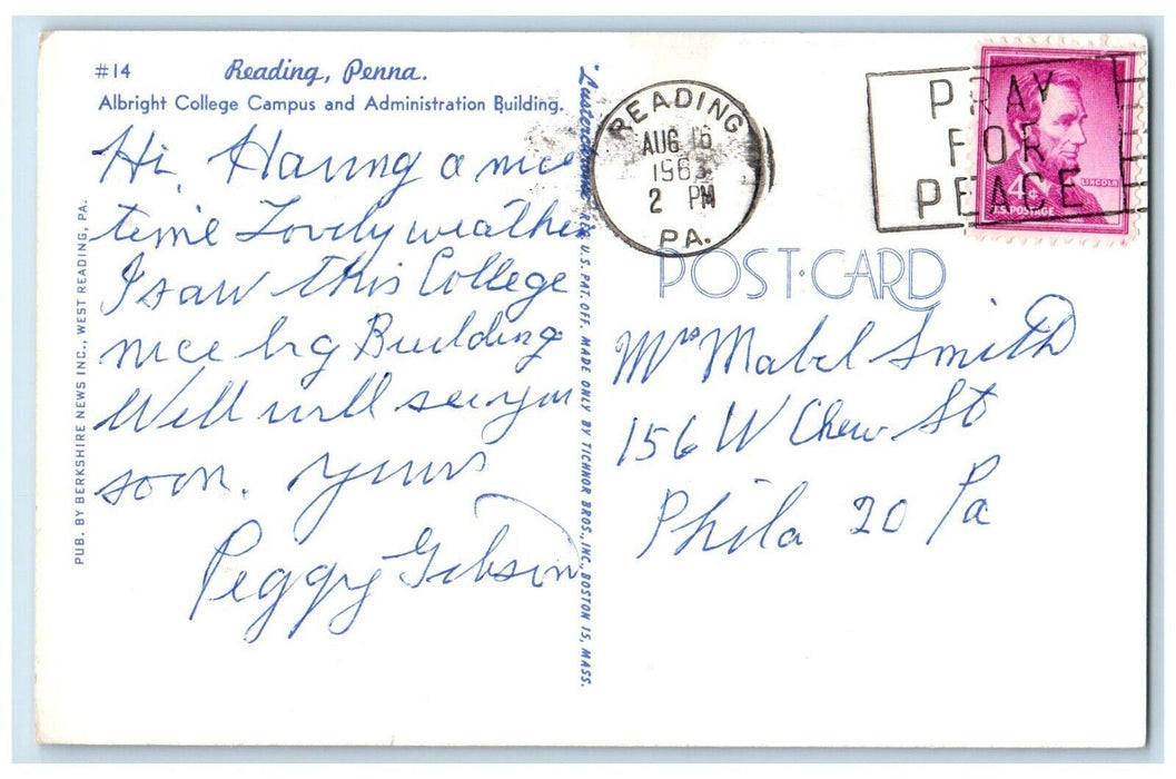 1963 Albright College Campus Administration Building Reading Penna PA  Postcard