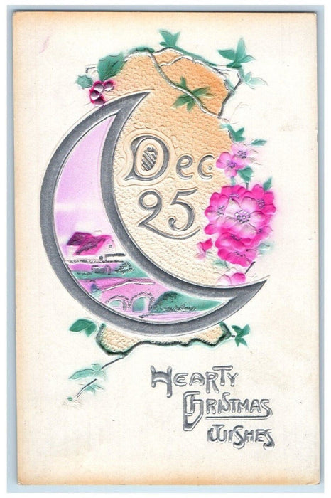 c1910's Christmas Crescent Dec 25 Flowers Holly Airbrushed Embossed Postcard