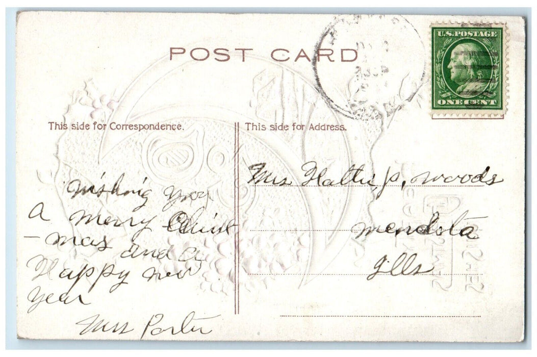 c1910's Christmas Crescent Dec 25 Flowers Holly Airbrushed Embossed Postcard