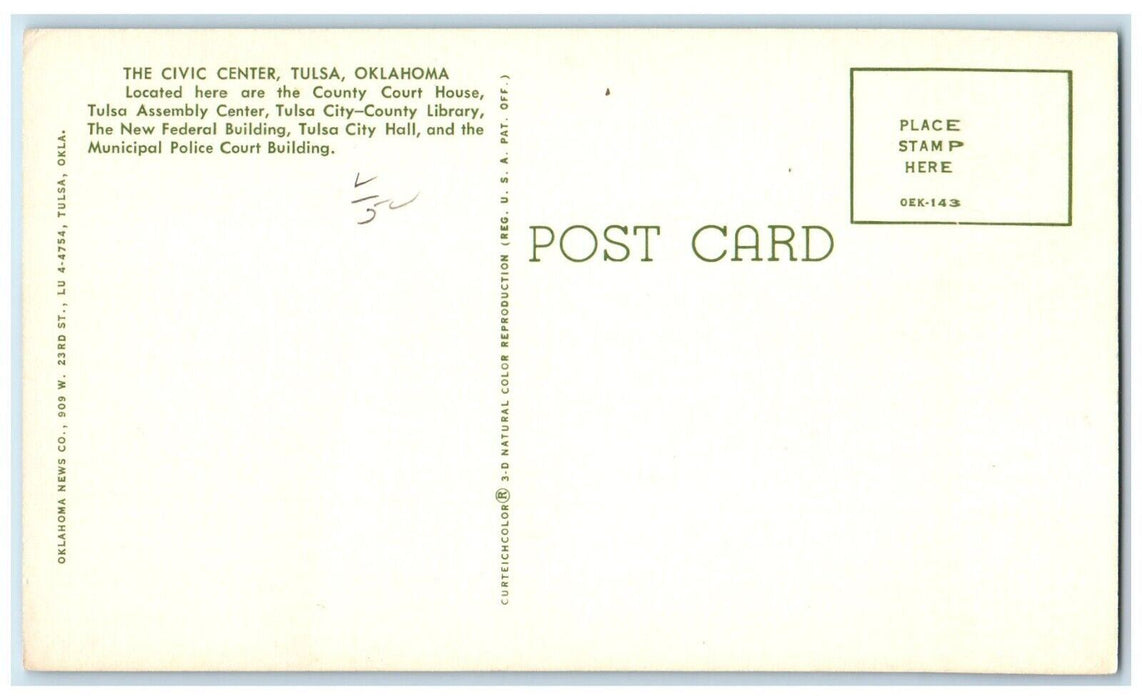 c1960 Civic Center County Court House Assembly Center Tulsa Oklahoma Postcard