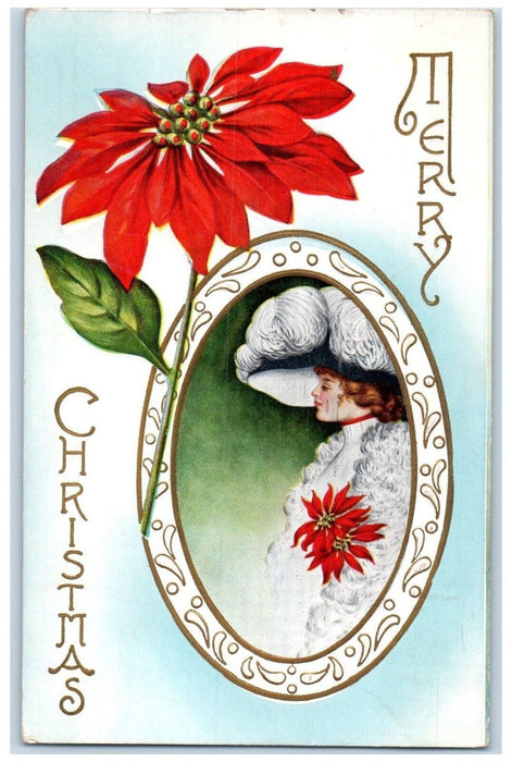 1913 Christmas Pointessia Flowers Pretty Girl Embossed Chicago IL Postcard