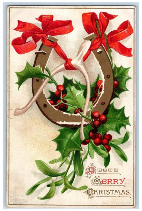c1910's Christmas Holly Berries Horseshoe Wishbone Red Ribbon Embossed Postcard
