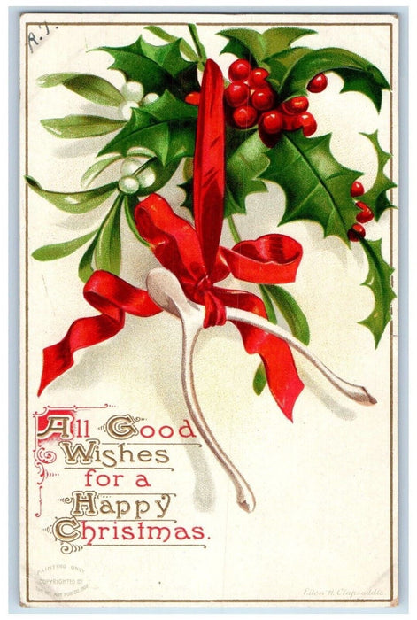 c1910's Christmas Holly Berries Wishbone Red Ribbon Embossed Antique Postcard