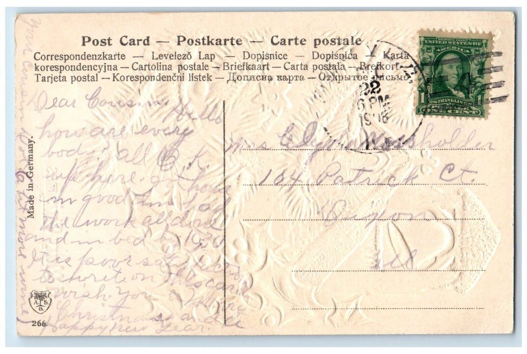 1908 Christmas Tree Candle Lights Holly Winter Snow Embossed Antique Postcard