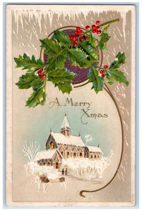 1910 Christmas Holly Berries House Church Winter Embossed Antique Postcard