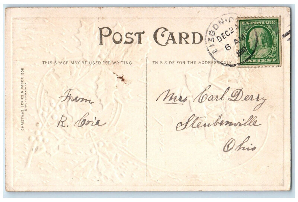 1910 Christmas Holly Berries House Church Winter Embossed Antique Postcard