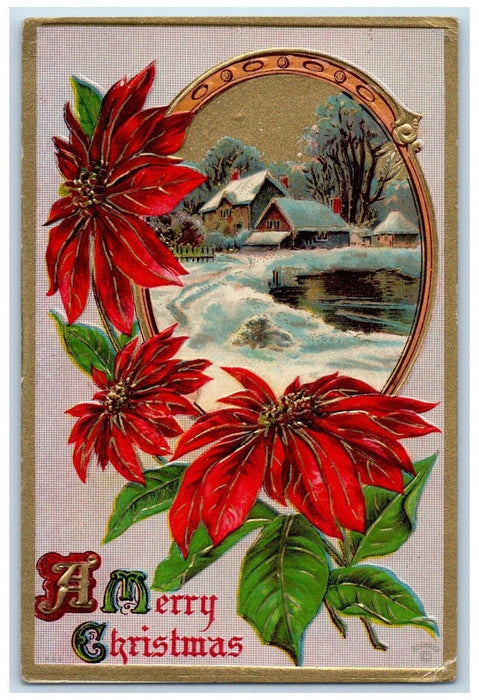 c1910's Christmas Pointessia Flowers Winter House Embossed Antique Postcard