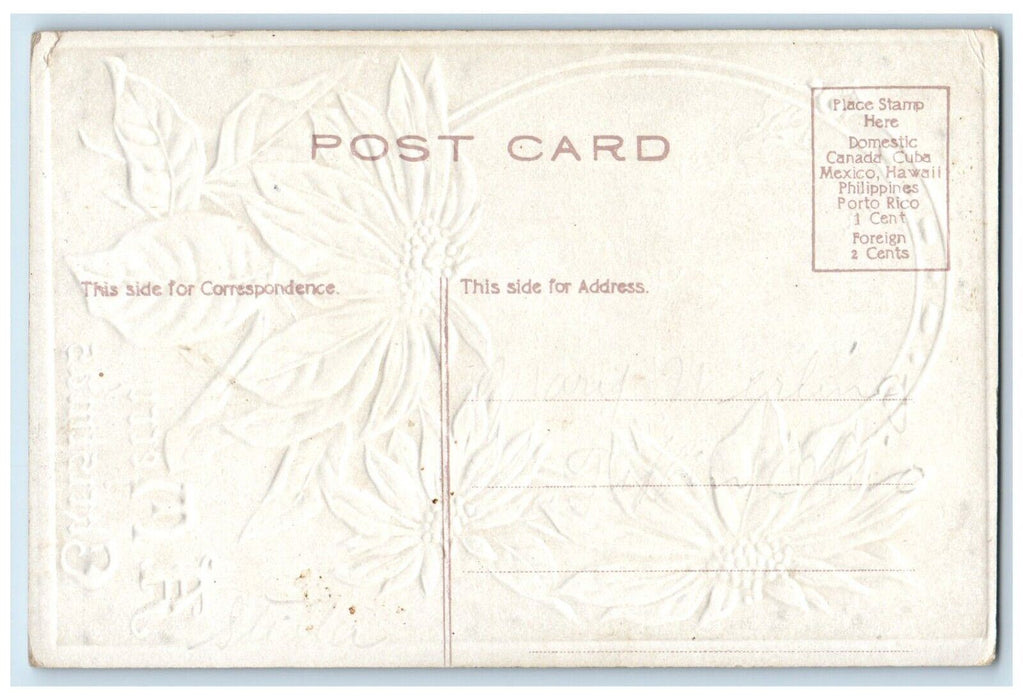 c1910's Christmas Pointessia Flowers Winter House Embossed Antique Postcard