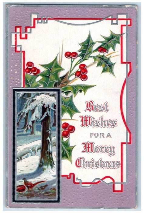 1909 Christmas Holly Berries Bird Tree Covered Snow Embossed Antique Postcard