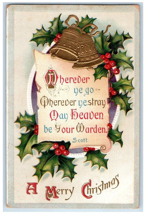 c1910's Christmas Holly Berries Ringing Bells Clapsaddle (?) Embossed Postcard