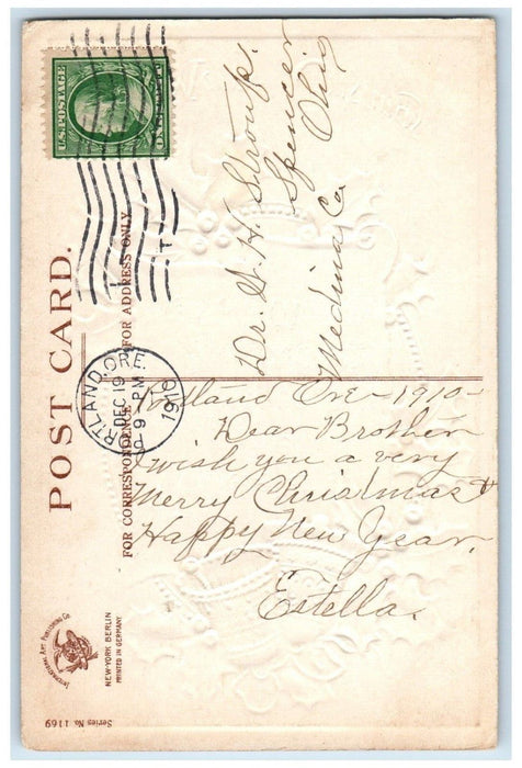 c1910's Christmas Holly Berries Ringing Bells Clapsaddle (?) Embossed Postcard