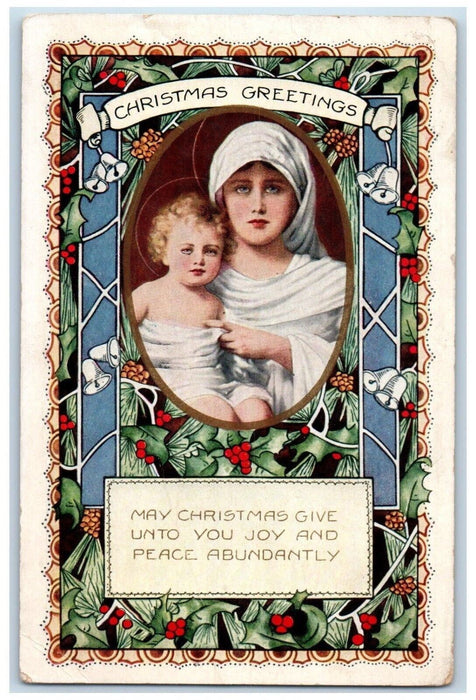 1923 Christmas Greetings Religious Holly Berries Bells Embossed Antique Postcard