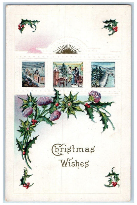 c1910's Christmas Wishes Holly Berries Winsch Back Embossed Bryant IA Postcard