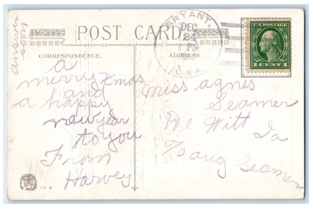 c1910's Christmas Wishes Holly Berries Winsch Back Embossed Bryant IA Postcard