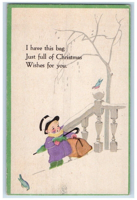 1918 Christmas Girl Umbrella Pouch Birds Madison Wisconsin WI Antique Postcard