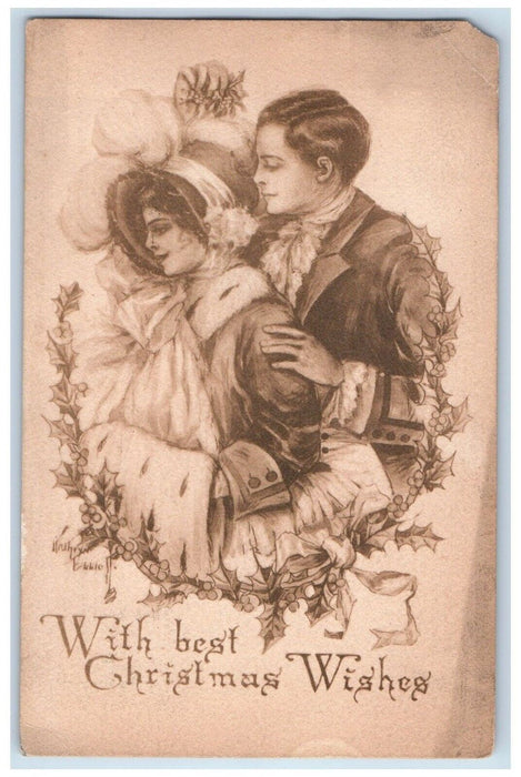 1911 Christmas Sweet Couple Romance Holly Berries Posted Antique Postcard