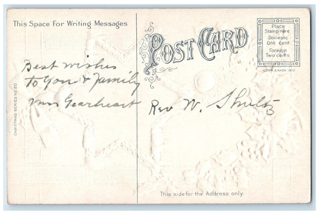 c1910's Christmas Star Holly Berries Church Winter Snow Embossed Posted Postcard
