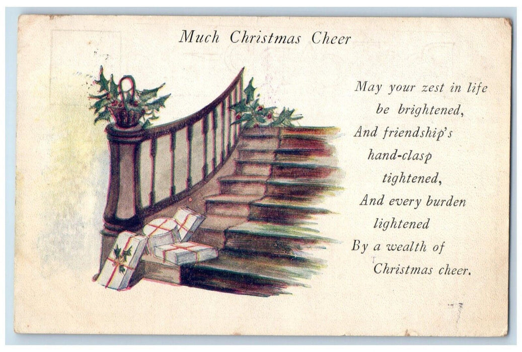 1920 Christmas Holly Berries Gifts Stairs Williams Bay Wisconsin WI Postcard