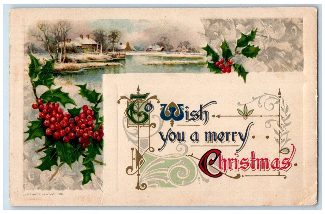 1912 Christmas Holly House Winter John Winsch Artist Signed Embossed Postcard