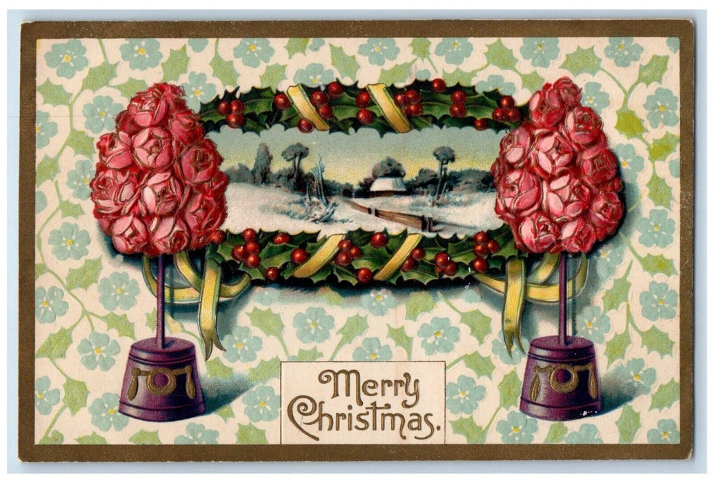 c1910's Christmas Flowers In Pot Holly Berries Winter Snpw Embossed Postcard