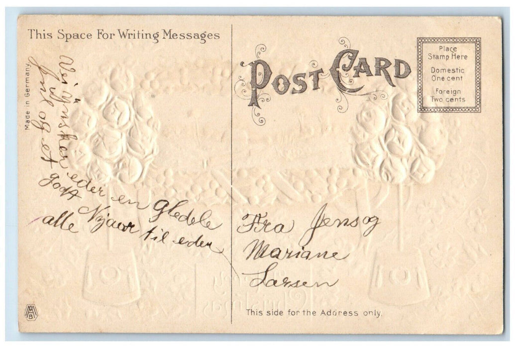 c1910's Christmas Flowers In Pot Holly Berries Winter Snpw Embossed Postcard