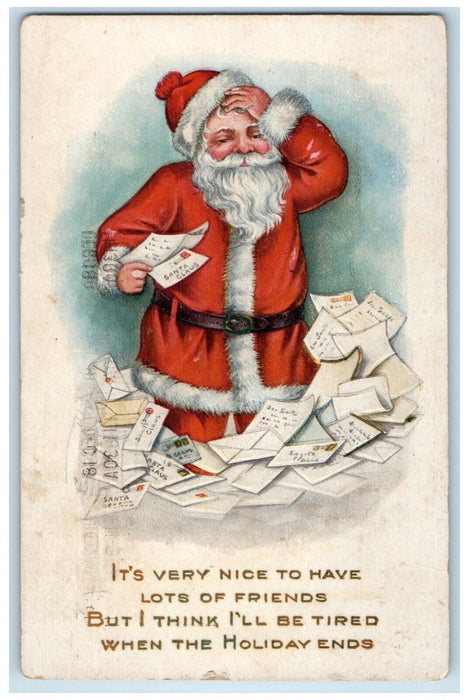 c1910's Christmas Santa Claus Tired Letters Envelop Embossed Antique Postcard