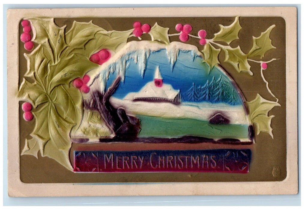 1910 Christmas Holly Berries Church Winter Snow Airbrushed Embossed Postcard