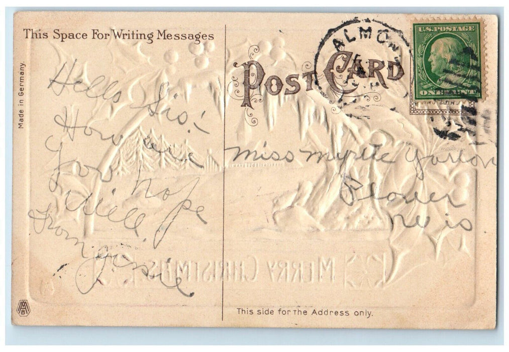 1910 Christmas Holly Berries Church Winter Snow Airbrushed Embossed Postcard