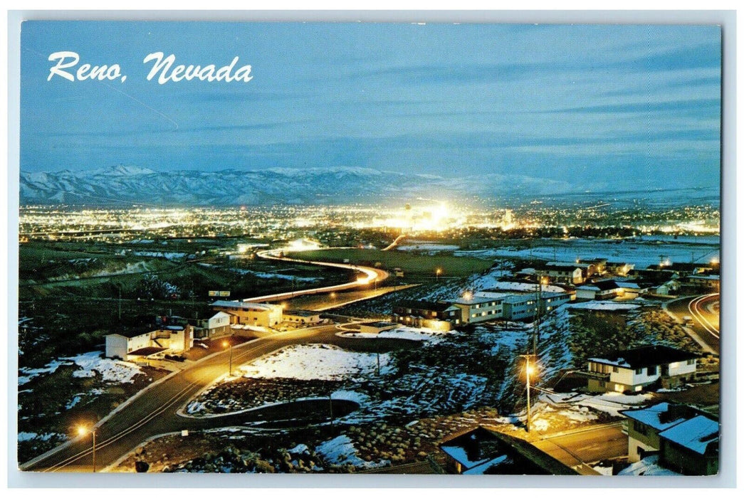 c1960 Aerial View Panorama Reno Portraying City Night Activities Nevada Postcard