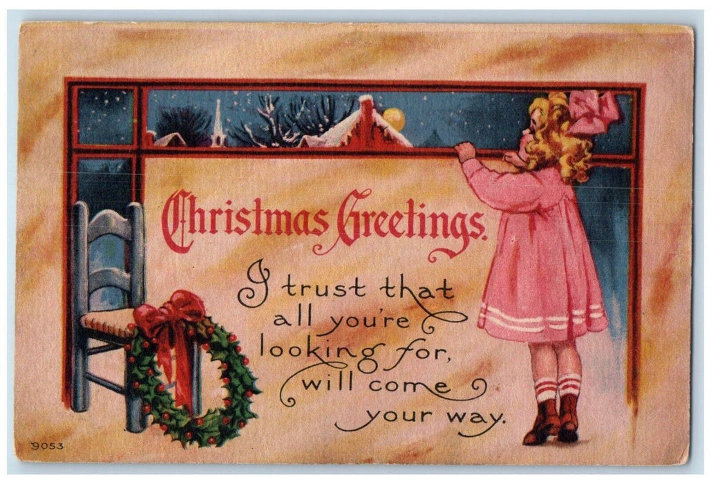 1915 Christmas Greetings Girl Tip Toe Whreat Chair Moon View Antique Postcard