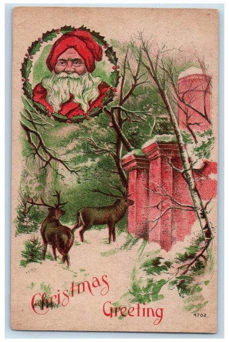 c1910's Christmas Greetings Deer Santa Head Whreat Winter Antique Postcard