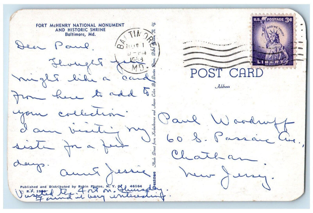 1968 Fort Mchenry National Monument Historic Shrine Baltimore Maryland Postcard