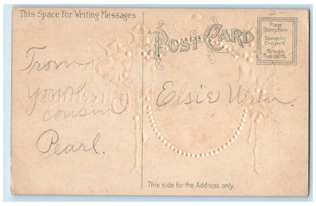 c1910's Christmas Greetings Santa Claus Trumpet Holly Crown Antique Postcard