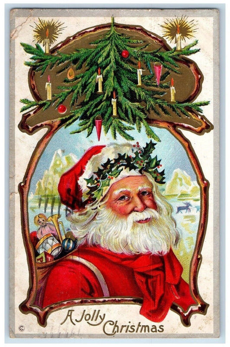 1912 Christmas Tree Santa Claus Sack Of Toys Holly Candles Embossed Postcard
